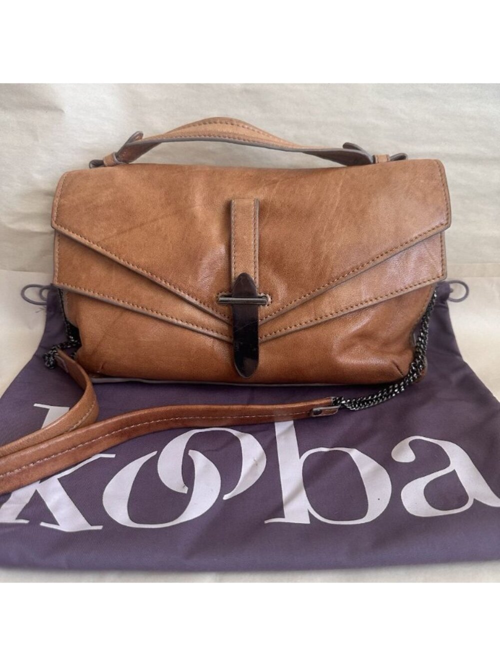 Kooba Brown Leather Crossbody Bag Satchel Flap Purse Removable Chain Top Handle